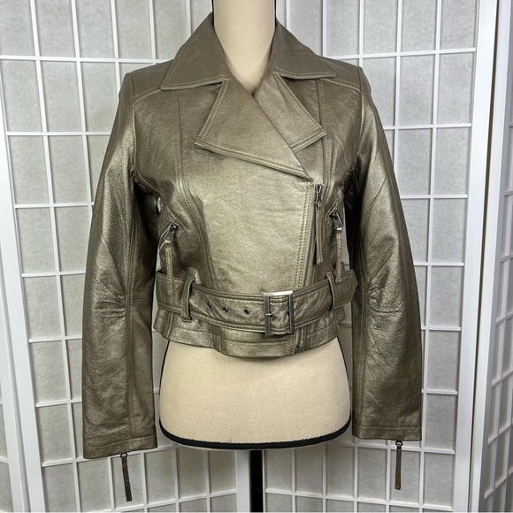 Relativity Jackets & Blazers - NWOT RELATIVITY Gold Leather Asymmetrical Zipper Belted Moto Jacket Small